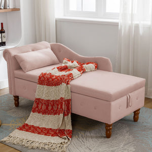 Chaise Lounge Indoor, Lounge Chair For Bedroom With Storage & Pillow, Modern Upholstered Rolled Arm Chase Lounge For Sleeping With Nailhead Trim For Living Room Bedroom Office