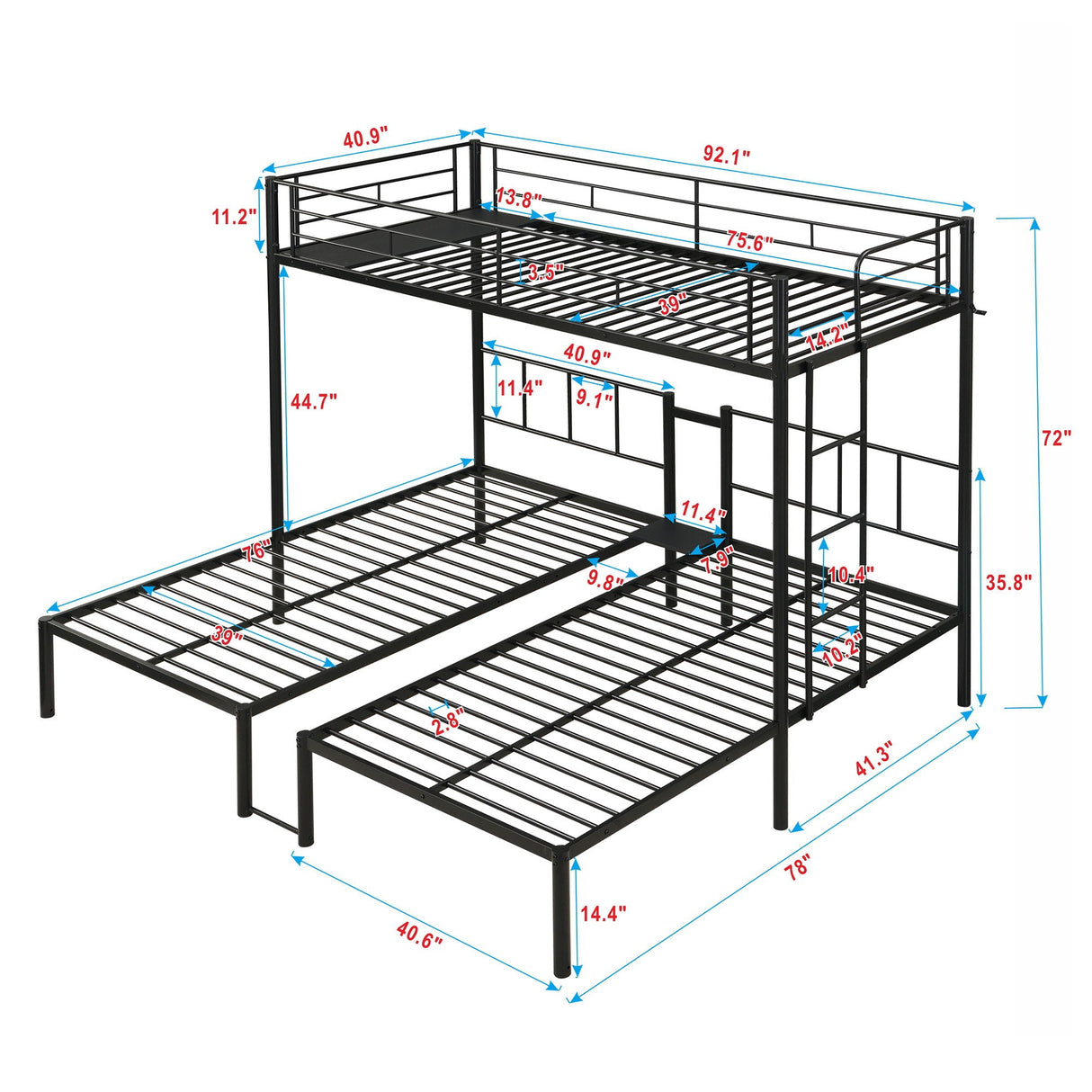 Twin Over Twin Over Twin Triple Bunk Bed With Safety Rails And Storage Shelf - Black