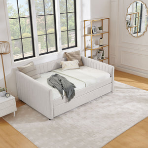 Upholstered Daybed With Trundle With Vertical Stripes