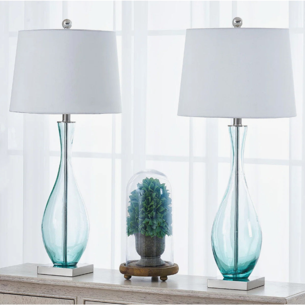 30-Inch Glass Table Lamps Set of 2, 3-Way Dimmable with USB Charging, Blue