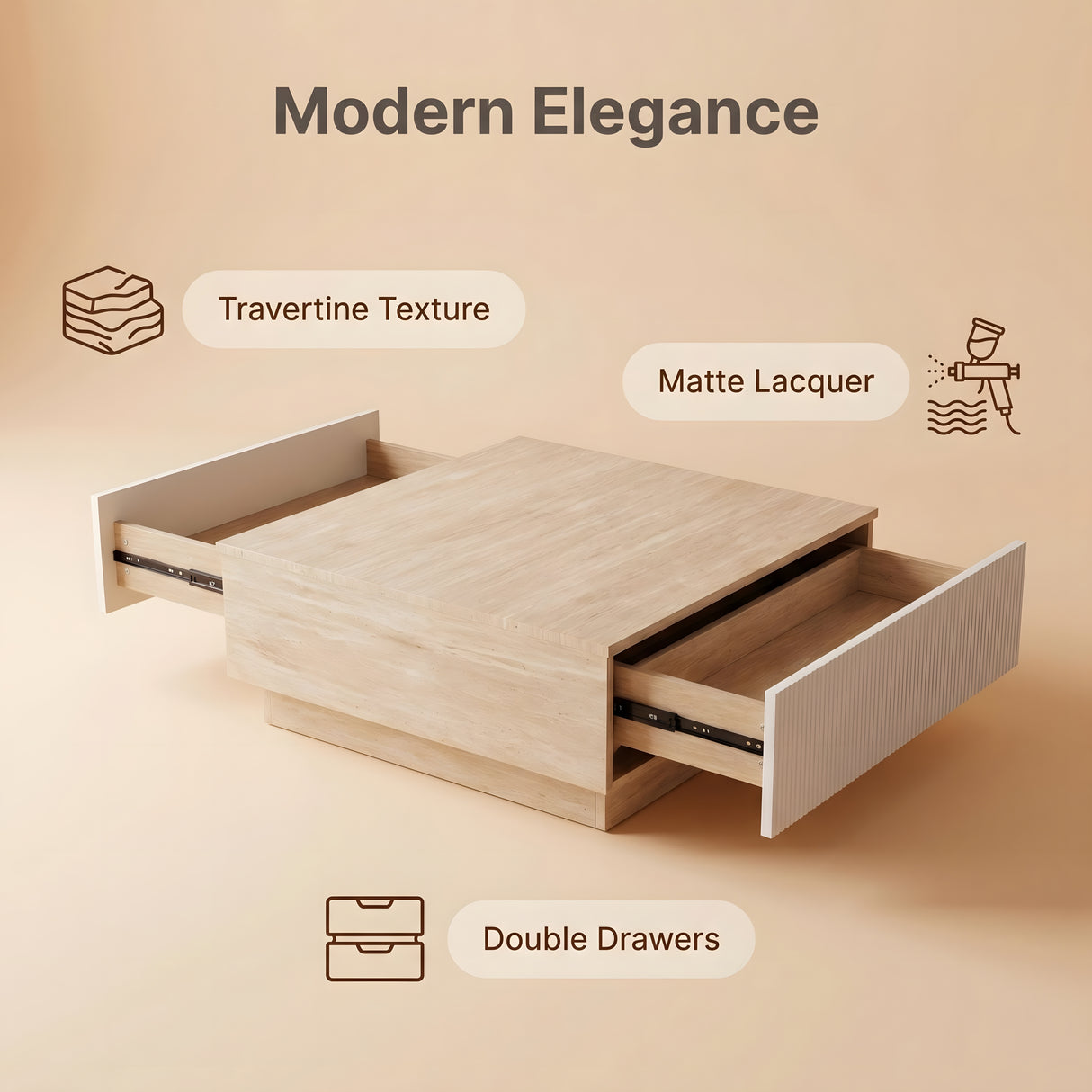 Modern Faux Travertine Coffee Table with 2 Drawers