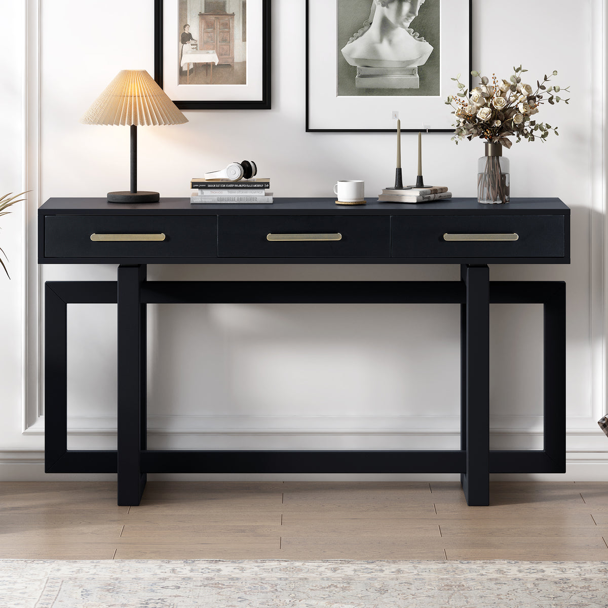 Elegant Console Table with Three Drawers - Black or Antique Gray