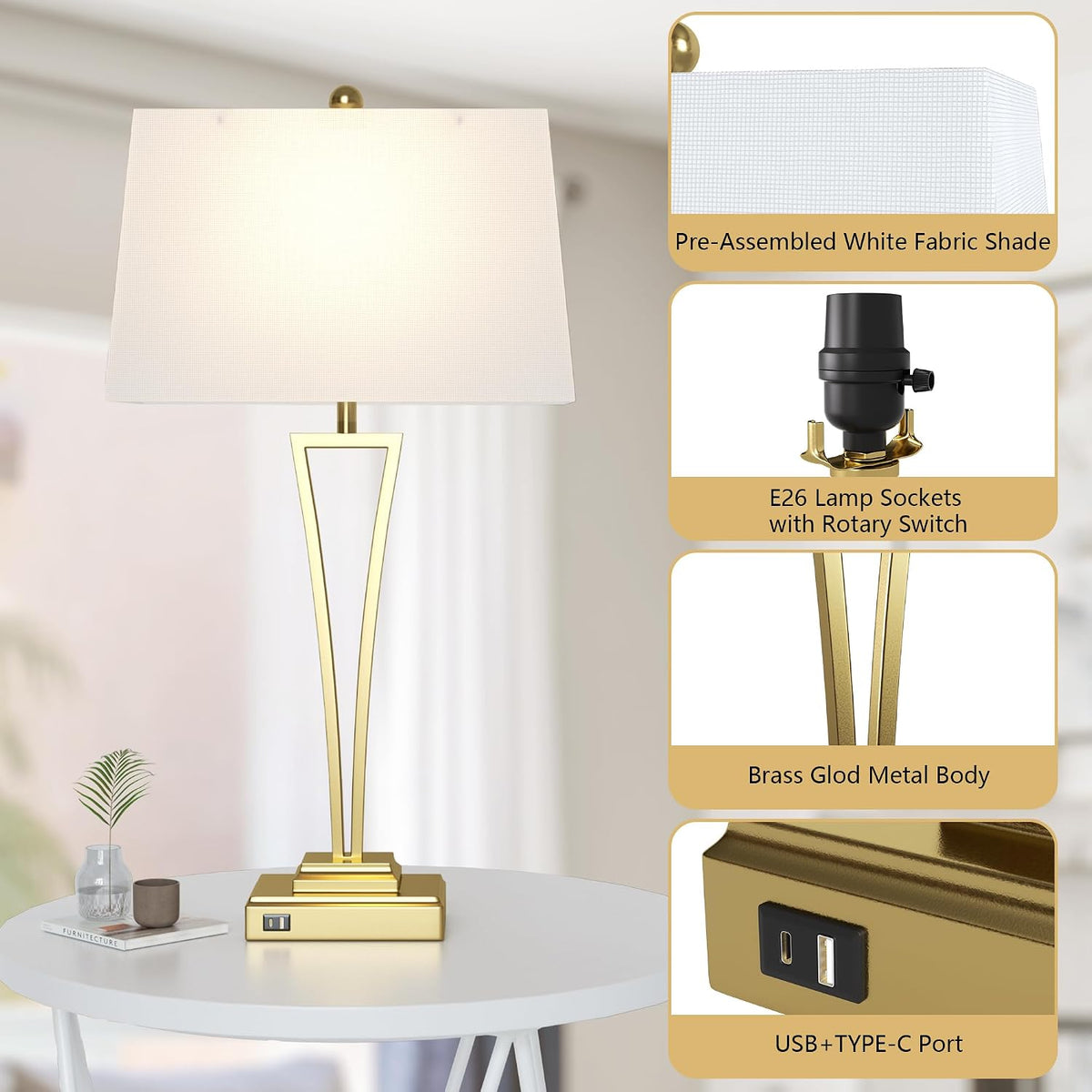 Gold Table Lamps Set of 2, 30.5-Inch Tall with USB Charging Ports