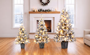 3-Piece Flocked Pre-Lit Christmas Tree Set