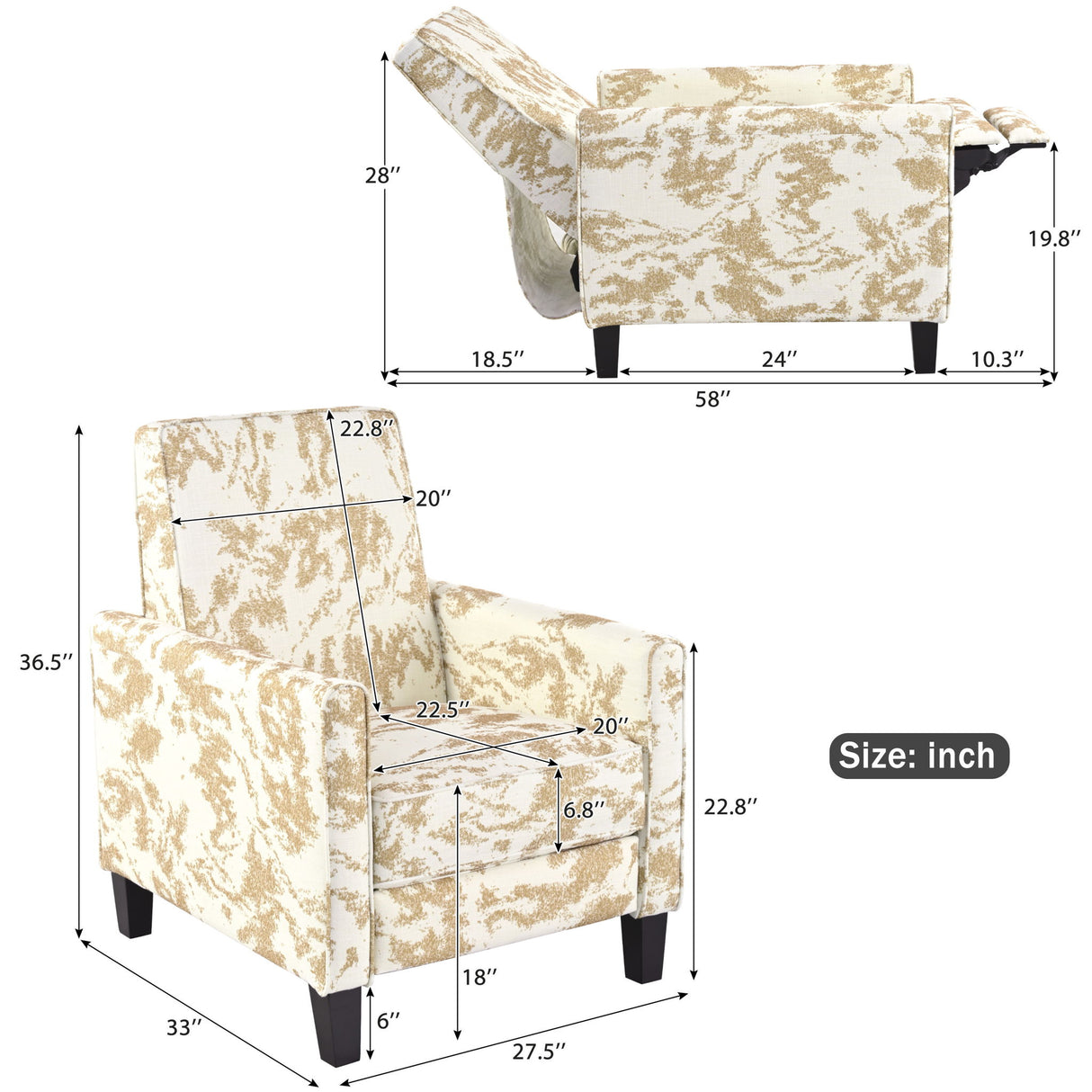 Push Back Upholstered Recliner Armchair
