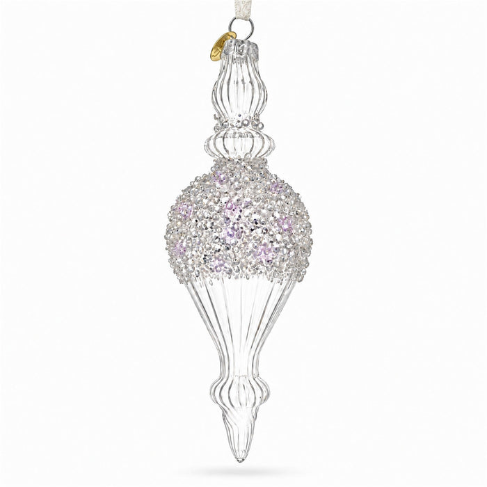 Clear Glass Ribbed Finial With Beaded Top Christmas Ornament