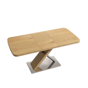 Retractable Square Dining Table, Seating 4 - 6 People, Cross Base With Stainless Steel Tubing, Expandable - Natural