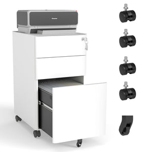 3-Drawer Mobile File Cabinet With Lock, On Wheels, Two Shallow & One Deep Drawer For Office/Home, Fully Assembled - White