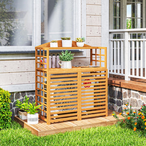 Outsunny Wood Air Conditioner Fence, Outdoor Privacy Screen Potting Table with Shelves
