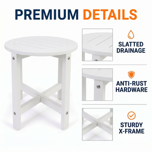 White HDPE Outdoor Side Table, 16 in. Round All-Weather Patio End Table