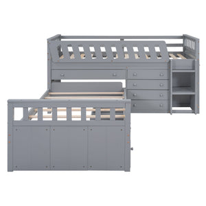 Loft Platform Bed With 7 Drawers And Full Guardrails, Modern L Shaped Space Savin