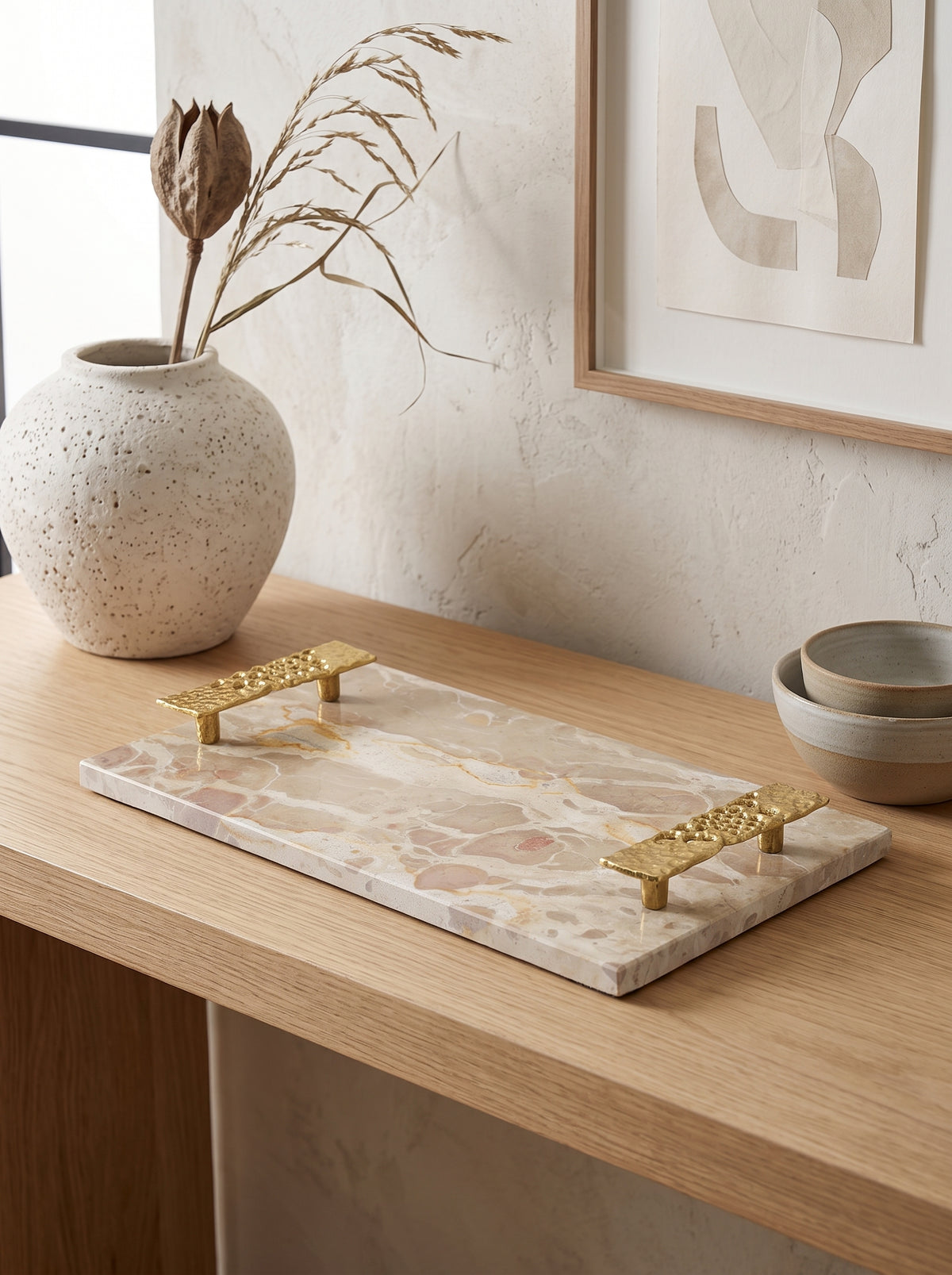 17.7x9.7x2" Marble Tray with Gold Handles