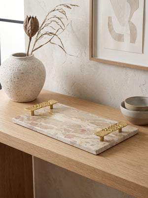 17.7x9.7x2" Marble Tray with Gold Handles