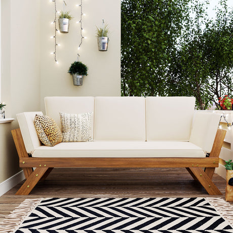 Topmax Outdoor Adjustable Patio Wooden Daybed Sofa Chaise Lounge with Cushions