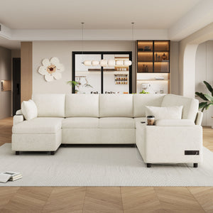 U-Shaped Sectional Sleeper Sofa With Ample Storage Space, 2 Cup Holders And Charging Ports For Living Room