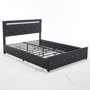 Upholstered Bed Frame With LED Lights, 4 Storage Drawers, Charging Station