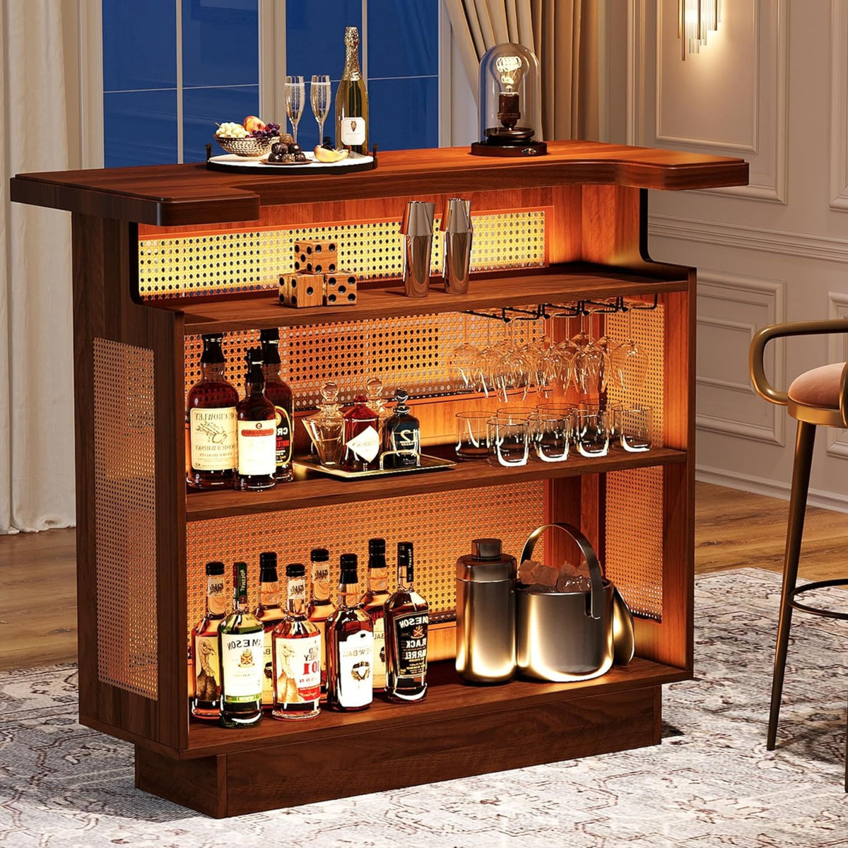 47.24 Inches Farmhouse Rattan Bar Unit