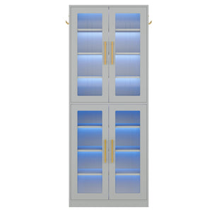 Bookcase With Doors And LED Lighting, 8 Adjustable Shelves Storage Cabinet
