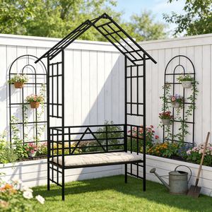 Metal Garden Arch with Bench Turned into Flower Stand