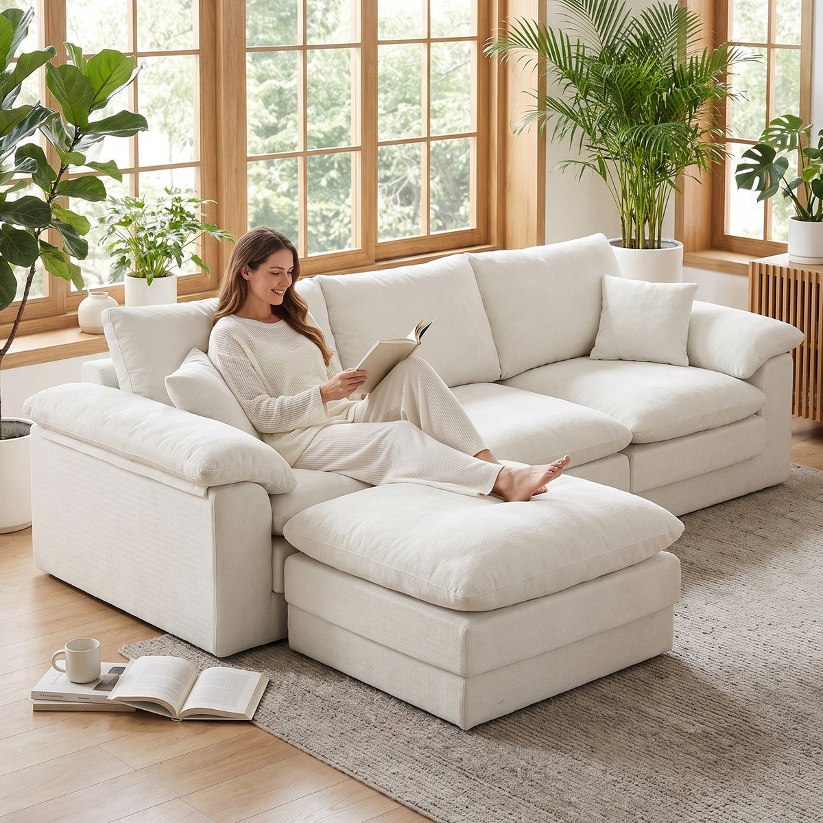 Modular U-Shape Sectional Sofa with Movable Ottoman, Chenille, Beige
