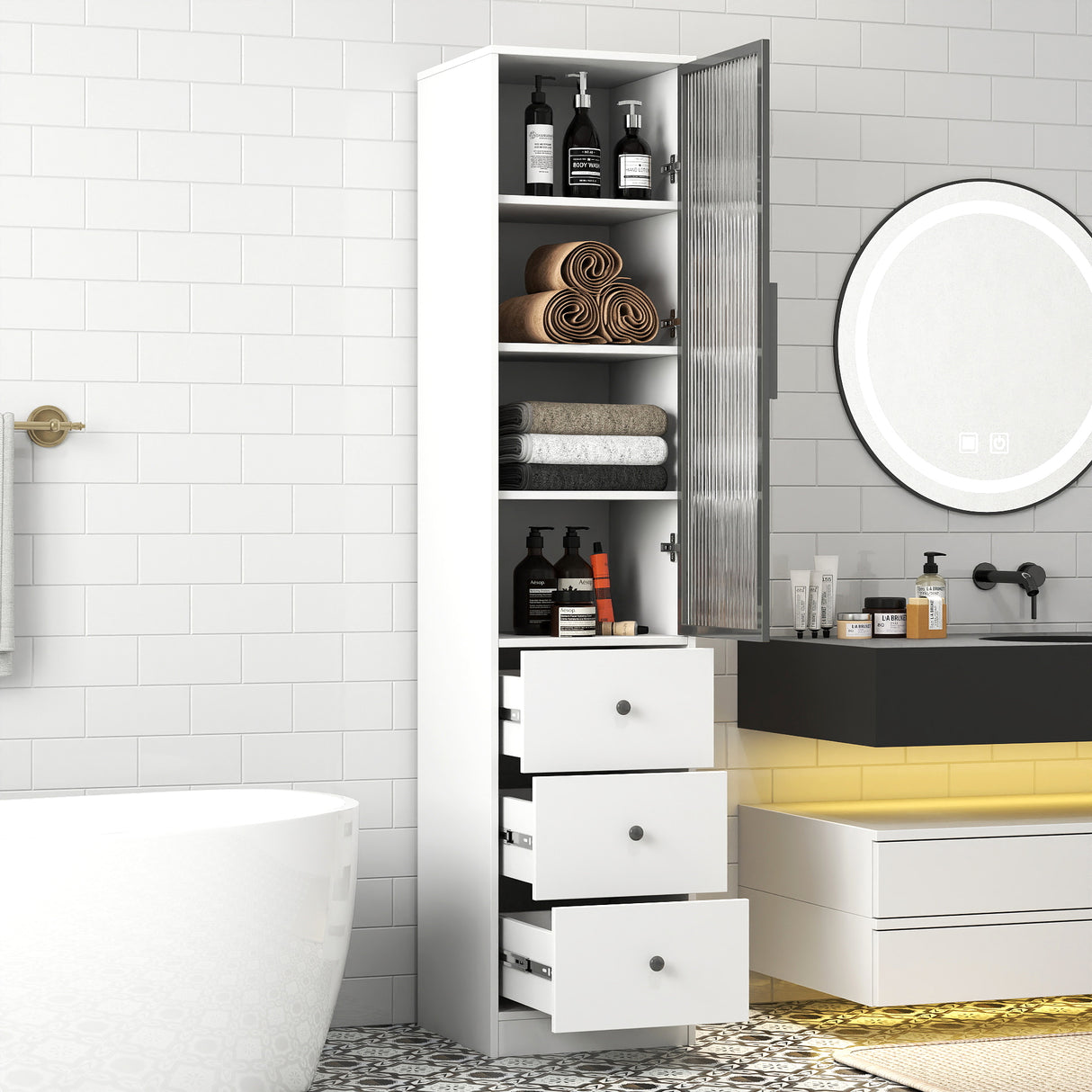 70.87" Tall Bathroom Storage Cabinet with Glass Door and Drawers