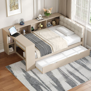Upholstered Headboard Platform Bed with Storage Shelves, Trundle, and Charging Station