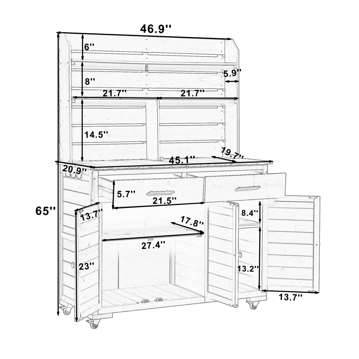 TOPMAX 65''H Large Garden Potting Bench with Lockable Wheels and Storage Cabinet