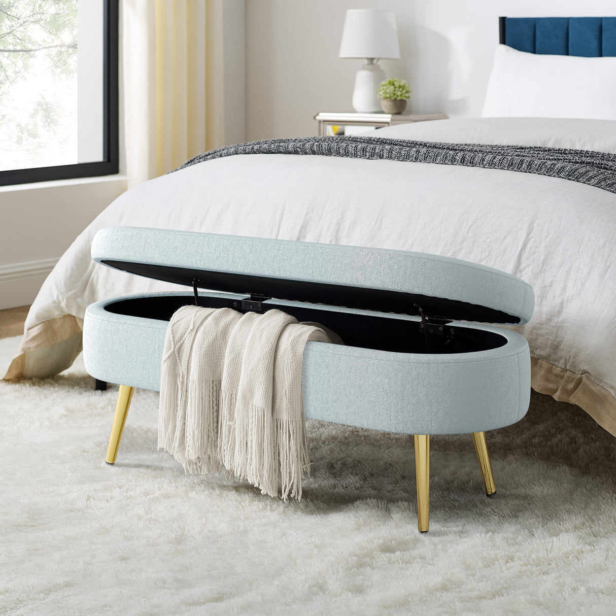 Ottoman Oval Storage Bench, Flannel with Metal Legs-Cyan