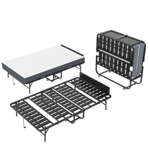 Twin Adjustable Headboard Folding Bed With Memory Foam Mattress, Heavy-Duty Frame Cot For Tall People, Portable Guest On Wheels - Black