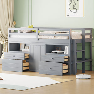 Loft Bed With 4 Drawers, Underneath Cabinet And Shelves