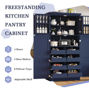 TOPMAX Freestanding Kitchen Pantry Cabinet with 4 Doors and Pull-Out Trays