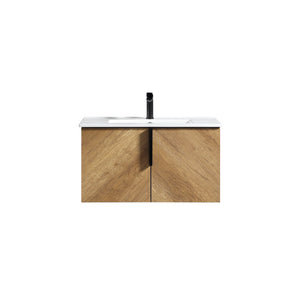 36 Inch Wall-Mounted Bathroom Vanity with 3D Fluted Panel & Ceramic Integrated Sink
