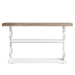 Console Sofa Table With 3 Shelves, Floral Carved Accent - Gray / White