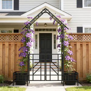 Metal Garden Arch with Gate and Planter for Climbing Plants