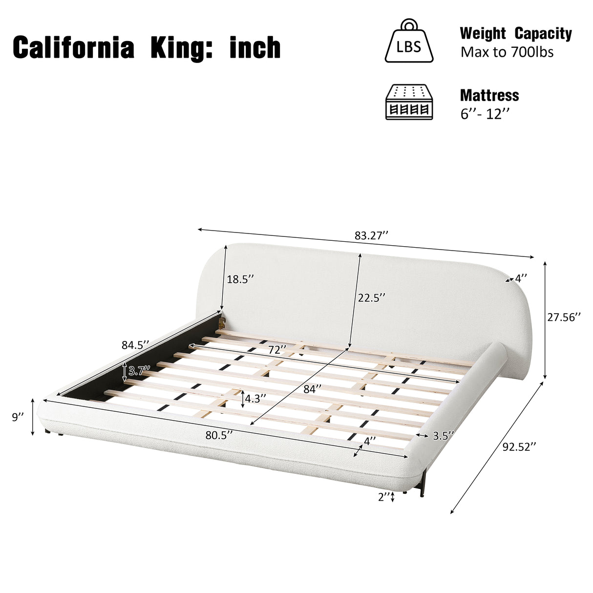 California King Size Bed Frame with Boucle Fabric and Thick Headboard
