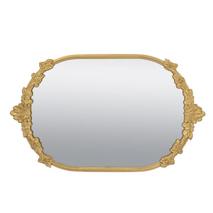 Decorative Mirror Tray with Gold Iron Frame and Floral Accents, 22.7 x 13.6 Inches