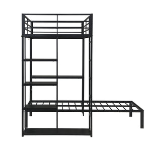 Metal Loft Bed Frame with LED Light Strip, Side Storage Shelves & Built-in Desk