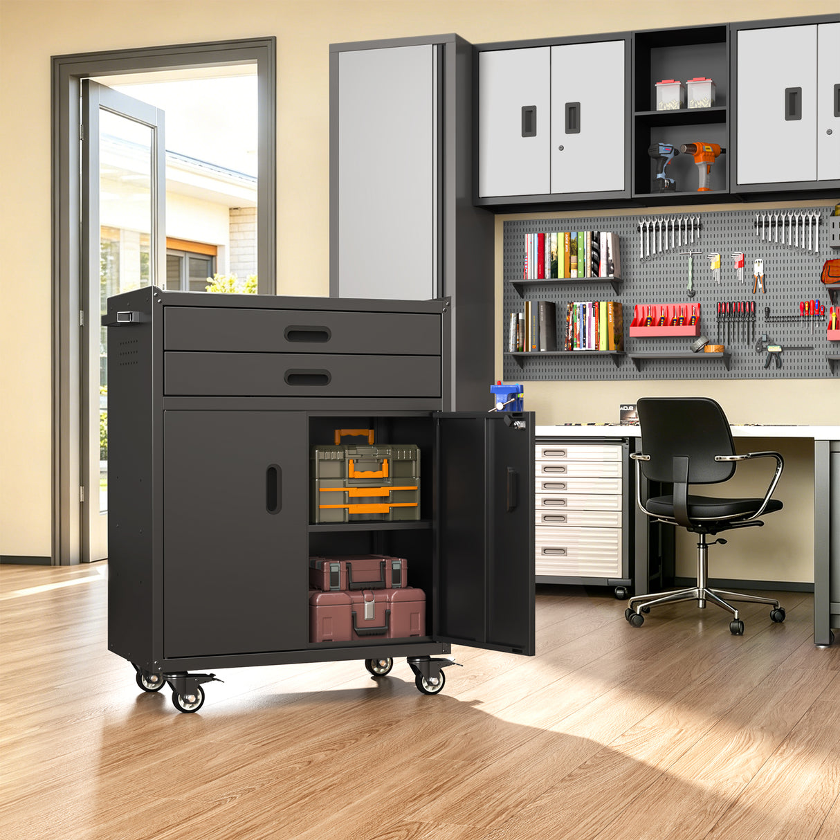 Metal Tool Garage Storage Cabinet with 2 Drawers and 2 Doors, with Wheels and Lock