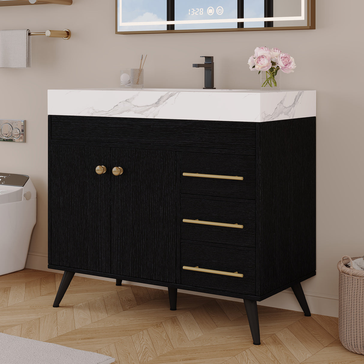 36" Freestanding Bathroom Vanity with Ceramic Sink and Faux Marble Top