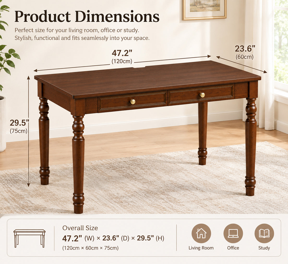 47.2-Inch Walnut Rubber Wood Writing Desk with Drawers, French Country