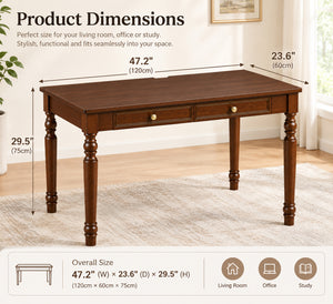 47.2-Inch Walnut Rubber Wood Writing Desk with Drawers, French Country