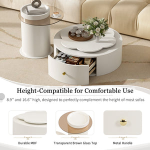 Modern Round Coffee Table (Set of 2), 360 Degree Rotatable Flower Shaped Top With 2 Drawers, Top Circle Side Table End Table With Glass For Living Room - Off White