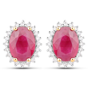 3.14 Carat Genuine Ruby and White Diamond 14K Yellow Gold Earrings