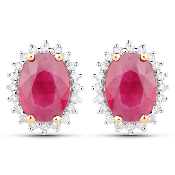 3.14 Carat Genuine Ruby and White Diamond 14K Yellow Gold Earrings