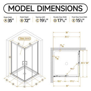 36" D x 36" W x 72" H Corner Shower Enclosure
