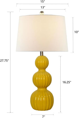 28-Inch Ceramic Table Lamps Set of 2, Modern Triple Gourd, Yellow with White Shade