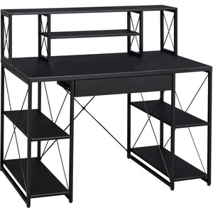 Black Office Desk with Open Shelves and Hutch - Black