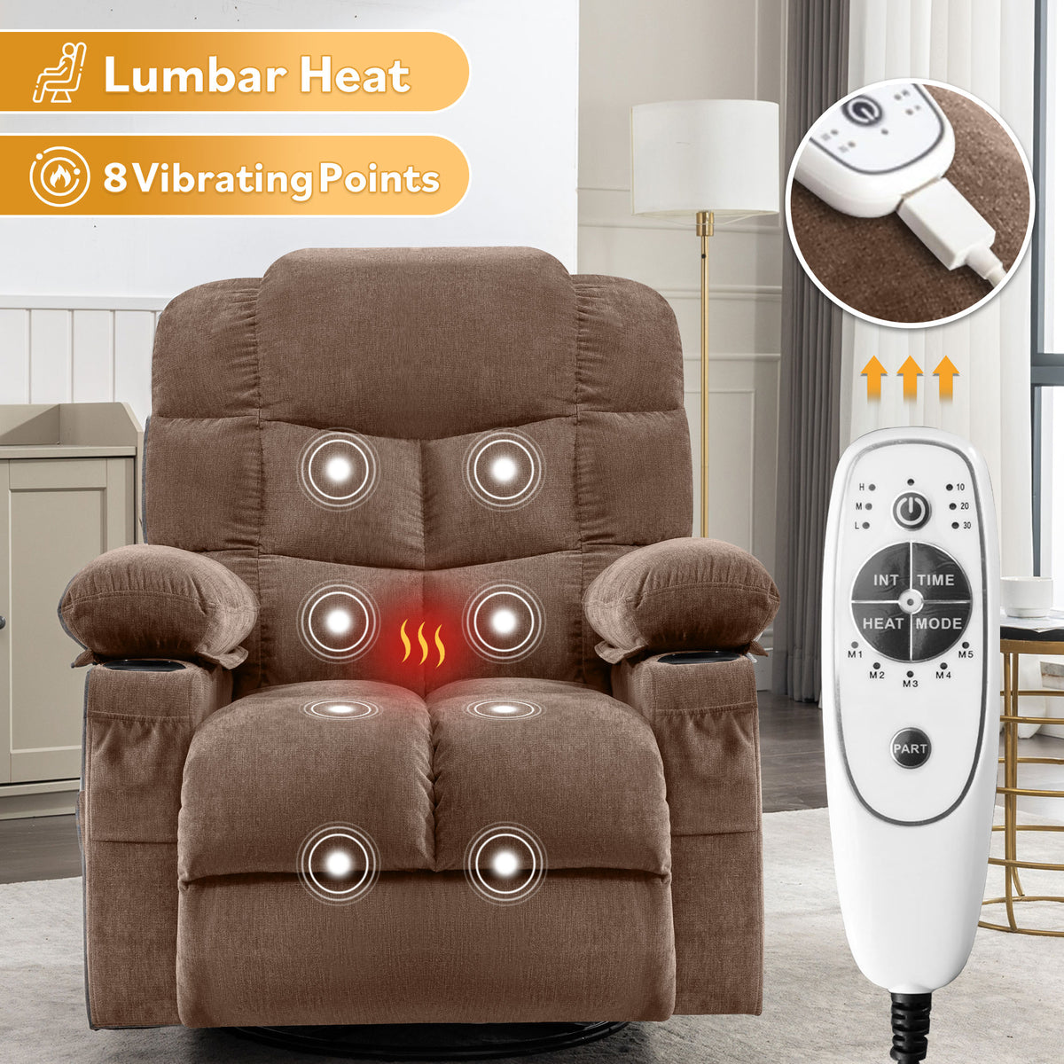 Oversized Massage Swivel Recliner Chair with Lumbar Heating, Cup Holders & USB - Brown or Gray