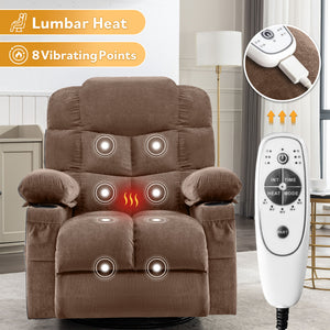 Oversized Massage Swivel Recliner Chair with Lumbar Heating, Cup Holders & USB - Brown or Gray