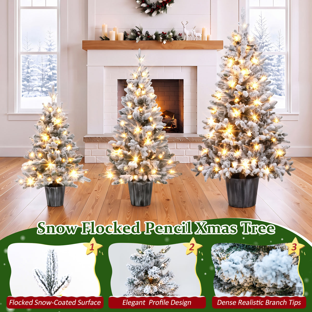 3-Piece Flocked Pre-Lit Christmas Tree Set